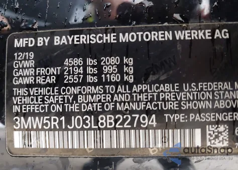 2020 BMW 330I z USA, uszkodzony, nr VIN 3MW5R1J03L8B22794